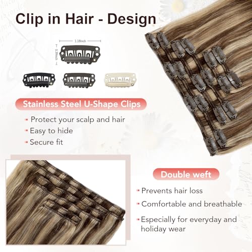 XDhair Clip In Hair Extensions Remy Human Hair Medium Brown #4 Mixed to Caramel Blonde #27 Clip In Real Hair Silk Stright 120g 6Pcs (#4P27,18Inch)