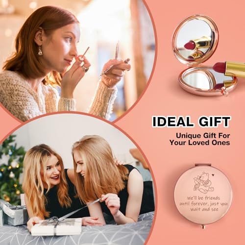 Funny Little Bear We'll be Friends Until Forever Travel Compact Pocket Makeup Mirror, Winnie The Pooh Engraved Compact Mirror for Sister Women Best Friends Girls Daughter Birthday