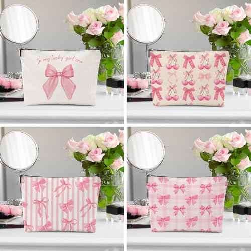 4Pcs Pink Coquette Bow Makeup Bag, Preppy Cosmetic Bags Zipper Pouch Travel Toiletry Bag, Pink Trendy Gifts for Women Girls Coworker Friends Travel Storage Accessories Birthday Christmas Gifts-2