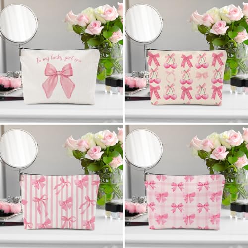 4Pcs Pink Coquette Bow Makeup Bag, Preppy Cosmetic Bags Zipper Pouch Travel Toiletry Bag, Pink Trendy Gifts for Women Girls Coworker Friends Travel Storage Accessories Birthday Christmas Gifts-2