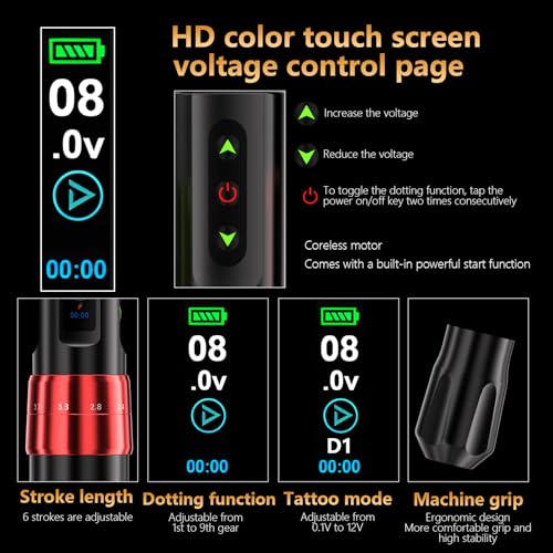 BIGWASP Z3 Wireless Rotary Tattoo Machine Pen, 6 Adjustable Stroke Lengths, 1,800mAh Battery with Extra Battery, Coreless Motor for Professional Artists - Black