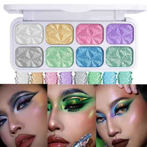 8-Color Highlighter & Contour Palette - Shimmer, Glitter, Iridescent Multichrome Holographic Eyeshadow for Face & Cheek, Purple Rainbow Highlight Makeup