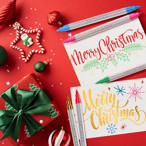 ARTISTRO 24 Dual Tip Brush + Fine Acrylic Paint Pens Ideal for Calligraphy - Paint Markers for Fabric, Rock, Glass, DIY - Stocking Stuffers, Christmas Gift Idea for Teens, Grandkids, Kids