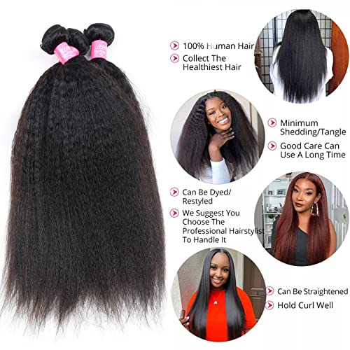 Kinky Straight Bundles 16 18 20 Brazilian Kinky Straight Human Hair Bundles Unprocessed Virgin Hair 3 Bundles 100g/Bundles Double Weft Yaki Straight Human Hair Weave Extensions Natural Color