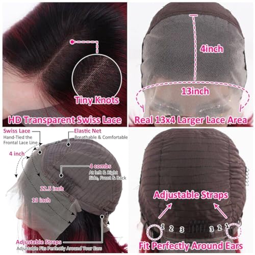 1B Burgundy Bob Wig Human Hair, 13x4 Frontal Lace Wig Short Straight Bob Wigs for Women Human Hair Pre Plucked Natural Hairline Ombre Burgundy Wig 14inch