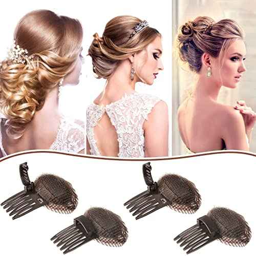 4 Pieces Puff Hair Accessories - Invisible Fluffy Sponge Clips, Front Comb Bun Bump Up Volume Base, Styling Inserts to Increase Volume for Women and Girls (Brown)