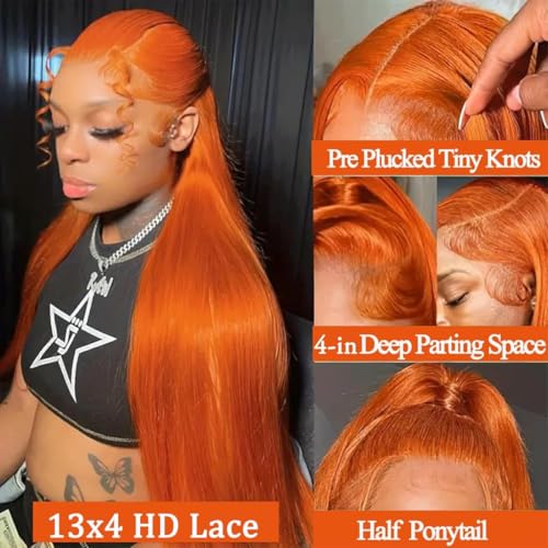 26inch Ginger 13x4 HD Lace Front Wigs Human Hair Straight Lace Frontal Wigs 350 Colored Glueless Ginger Orange 180% Density Pre Plucked With Baby Hair