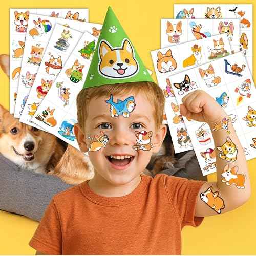 96PCS Corgi Temporary Tattoos for Kids ? Pre-Cut Dog Stickers for Birthday Party Favors, Classroom Prizes, Baby Shower, Stocking Stuffers ? Cute Puppy-Themed Gifts for Boys & Girls