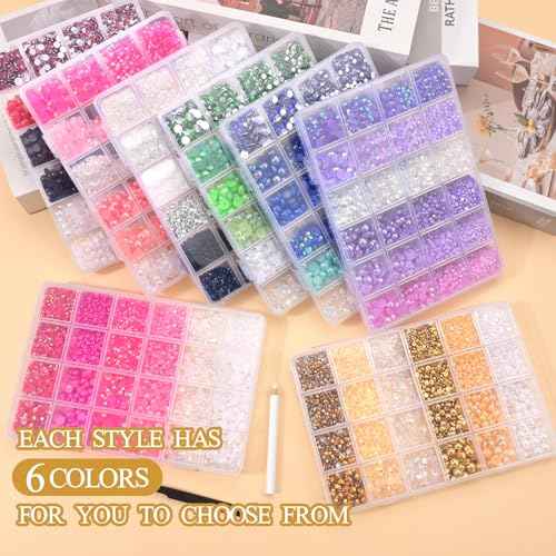 NACHLYNN 10000 Pcs Pink White Rhinestones and Pearls 3-8mm Half Pearl Bead Resin Rhinestones Kits Comes with Jewelry Pen and Tweezers Suitable for Nail Art Clothing Handmade DIY Decoration
