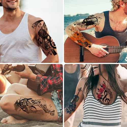 77 Sheets Music Temporary Tattoos Adult Kids Fake Tattoos Birthday Festival Party Favors Half Arm Sleeves Guitar Violin Piano Music Notes Stickers for Men Women