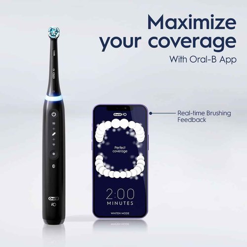 Oral-B iO Series 5 Ultimate White Rechargeable Electric Toothbrush with Visible Pressure Sensor, 2 Minute Timer, 5 Cleaning Settings, 1 Replacement Toothbrush Heads, and Travel Case, White