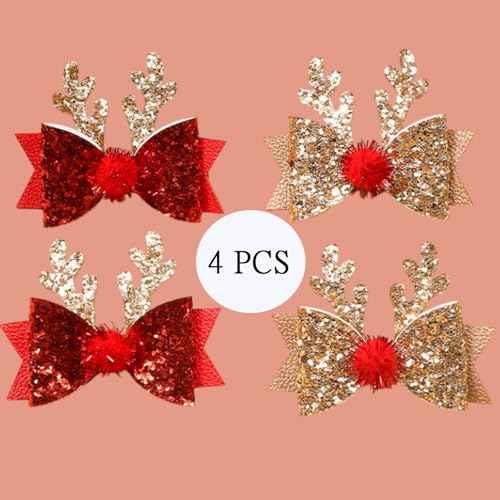 3Pcs Children's Christmas Antler Glitter Hair Clips,Hairball Elk Bow Hair Barrettes Hair Clip Glitter Christmas Elk Hair Red Golden Hair Clips Party Costume Accessories for Girls
