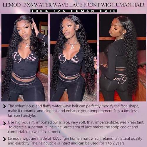 Lemoda 13x6 Water Wave Lace Front Wigs Human Hair 22 inch HD Lace Brazilian 15A Deep Wave Frontal Wigs 180% Density 13x6 Curly Human Hair Wig with Baby Hair Glueless Water Wave Wig For Black Women
