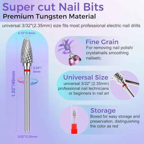 Fantexy 3/32" Carbide Nail Drill Bit - Remove Acrylic Hard Gels Quickly and Safely,Professional Cone Tungsten Drill Bits Set Nail File Acrylic for Manicure,Pedicure,Cuticle Cleaner(Fine - F)