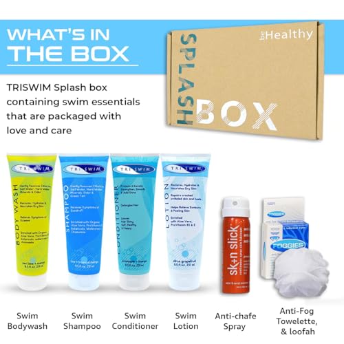 TRISWIM Serious Swimmers Splash Box | After Swim Body Wash + Swimmers Shampoo and Conditioner + Lotion | Skin Slick Anti-Chafe Spray | Anti-Fog Wipes