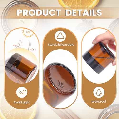 Amber 2oz Glass Jars with Lids - 24 Pack Brown Small Cosmetic Containers with Inner Liners, Wide-Round Smooth Mouth, Sealable for Creams, Lotions, Essential Oils, Body Butter, Travel Samples