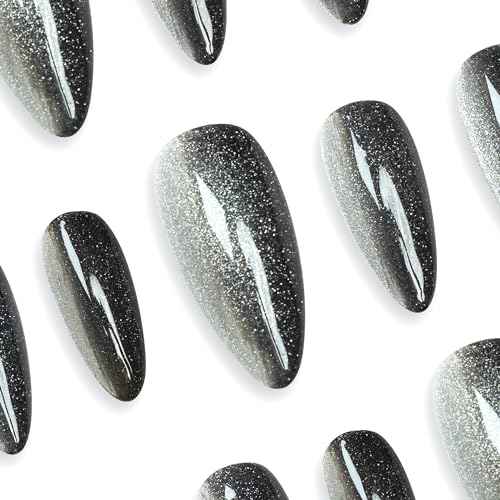 Sun&Beam Nails Handmade Press-on Medium Long Almond Black Silver Cat Eye Design Charming False Nail Tips 10 Pcs (#125 M)