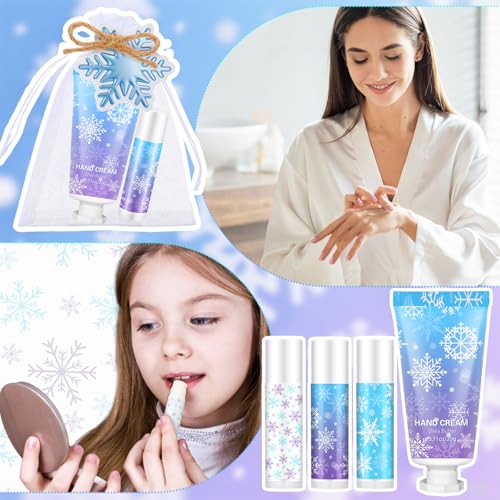 50 Set Winter Snowflake Hand Cream Lip Balm Bulk Set Woman Christmas Gift Include 50 Lip Balm 50 Hand Cream 50 Bag 50 Tag for Winter Christmas Stocking Stuffers