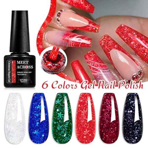 MEET ACROSS Gel Nail Polish Set 6 Pcs Glitter Colors Gel Nail Kit Art Design Soak Off UV LED (SET-4, 6pcs)