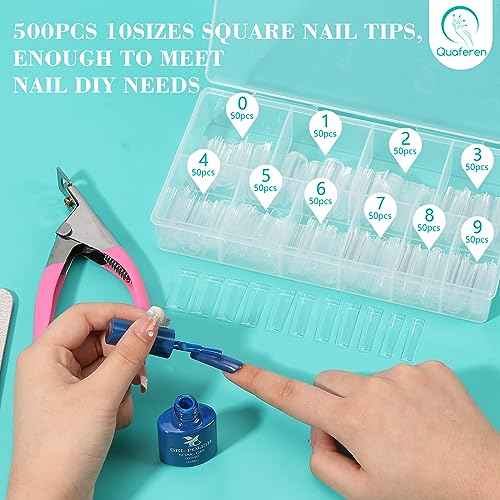 500PCS Clear Square Nail Tips, Quaferen XL No C Curve Tips for Acrylic Nails Professional, Half Cover Tapered Square Straight Nail Tips, Flat Traceless Acrylic Nail Extension Tips Fake Nails
