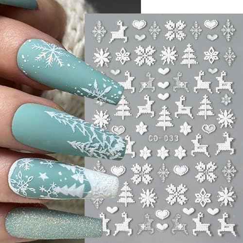 12 Sheets Snowflake Nail Art Stickers, 3D Self-Adhesive Winter Theme Nail Decals, Holographic Snowflake, Elk, Snowman, Christmas Tree etc Pattern Nail Art Design DIY Nail Decoration for Women Girls