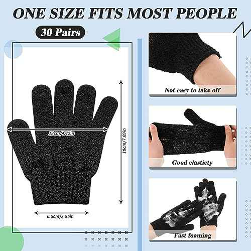 Ramede 30 Pair Exfoliating Glove Double Sided Exfoliating Bath Gloves Pack Nylon Colorful Shower for Men Women Beauty Spa Massage Shower Deep Clean Body Skin Bathing Scrubber Disposable(Black)