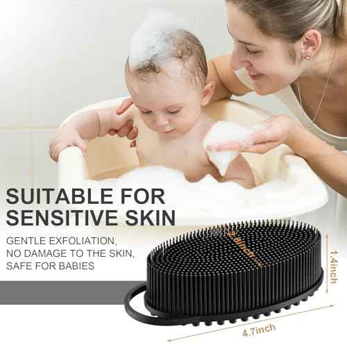 Metene Silicone Exfoliating Body Scrubber with Loop, Body Scrubber for Men and Women, Silicone Loofah for Shower, Soft Silicone for Shower and Bath Skincare Routine (Black)