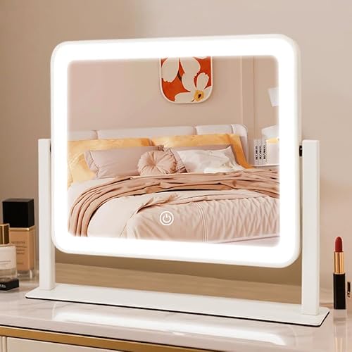 Rechargeable Vanity Mirror with Lights, 14"¡¿12" LED Makeup Mirror, Smart Touch Control, 3 Color Lighting with Adjustable Brightness,Cosmetic Mirror for Bedroom, Vanity Desk, Beauty Routine