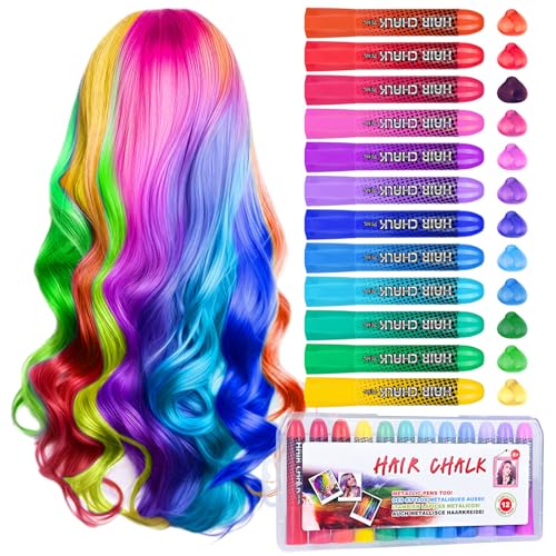 Hair Chalk Girls Gift, 12 Temporary Hair Dye Colourful Pens, Non-Toxic, Easy Washable, Birthday Christmas New Year Cosplay Party Gifts for Girls & Teens Age 4-6 7-14