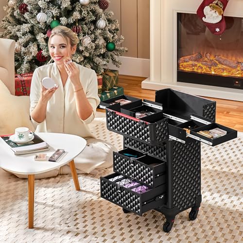 Yaheetech Rolling Makeup Train Case with Drawers Professional Nail Tech Travel Case Cosmetics Storage Organizer Beauty/Nail Art/Hair Styling Travelling Cart Trunk Black