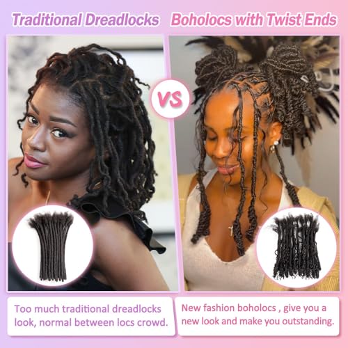 0.6 cm Human Hair Dreadlocks with Twist Ends 12 inch 30 Strands Boholocs Human Hair Handmade Dreadlock Extensions Natural Black Color Can Be Dyed Bleached Curled (1B#, 12 Inch-30 Strands)