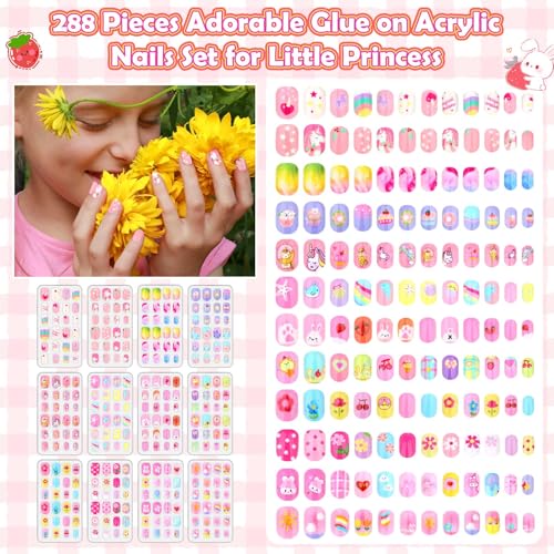288 Pieces Kids Nails Press ons for Girls, Acejoz Fake Nail Set Pre Glue Stick on Short Nails for Children Little Girls 8-12