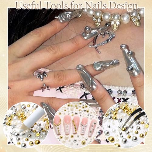 RODAKY Gold&Silver Nail Charms and Beads Gems 2-6mm Half Round Flatback Nail Pearls Beads for Nails,Flatback Rhinestones Jewels for Junk Case Kit Crafting Face Hair Manicure DIY