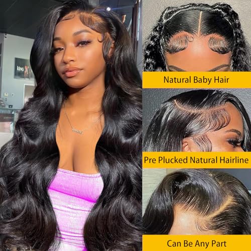 Anderah 26 Inch 13x6 Body Wave Lace Front Wigs Human Hair 13x6 HD Lace Glueless Human Hair Wig Pre Plucked Natural Hairline Brazilian Human Virgin Hair Long Black Body Wave Wig for Women 180% Density