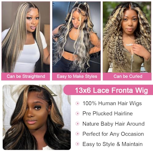 22 Inch 1B/27 13x6 Balayage Highlight Ombre Body Wave Lace Front Wigs Human Hair Honey Blonde Colored Lace Frontal Glueless Wigs Human Hair Pre Plucked for Women with Baby Hair