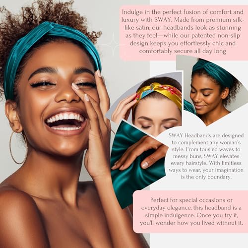 SWAY Large Satin Headbands for Women - 6-Clip Non-Slip, Wear 20+ Ways as Trendy Wide Headband, Boho, Head Covering, Perfect Hanukkah or Christmas Gift for Her? 35in. Patented & Handmade in USA