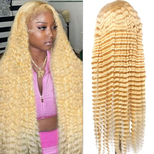 Blonde Wig Human Hair, 613 13x1 HD Transparent Lace Frontal Wig Human Hair, 613 Lace Front Wig Human Hair, 180% Density 28inch Deep Wave Blonde Lace Front Wigs Human Hair Pre Plucked