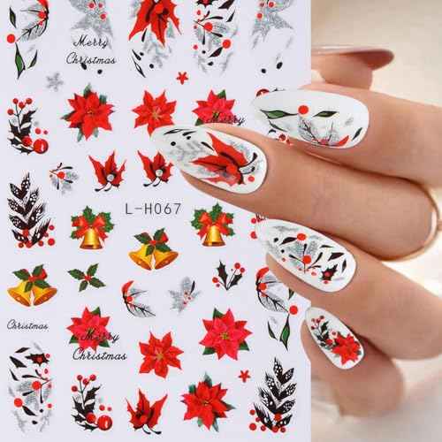 8Pcs Christmas Nail Sticker 3D Xmas Green Leaf Flower Adhesive Decal Supplies Glitter Gold Silver Snow Leaves Design for Women Winter Holiday Manicure Decoration Accessories