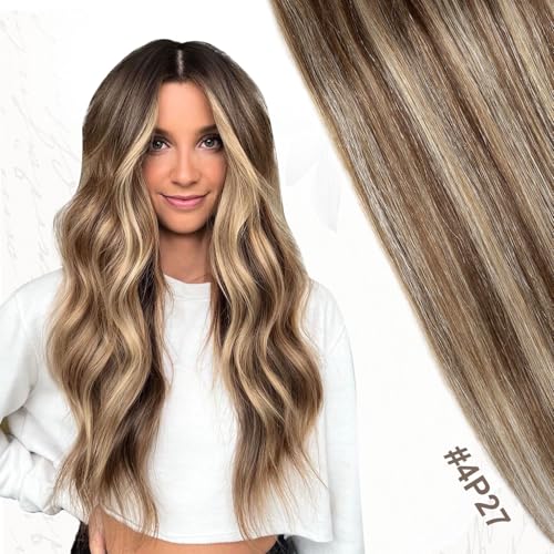 XDhair Clip In Hair Extensions Remy Human Hair Medium Brown #4 Mixed to Caramel Blonde #27 Clip In Real Hair Silk Stright 120g 6Pcs (#4P27,18Inch)