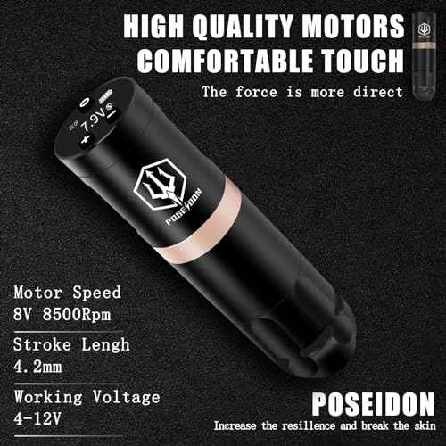 POSEIDON Cordless Rotary Tattoo Machine Kit with 20 Tattoo Cartridge Needles, Ink Set & 2 Rechargeable Batteries | Professional Portable Tattoo Gun for Beginners | Complete Starter Supplies(HM124)