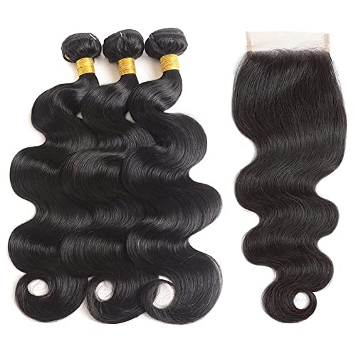 Body Wave Bundles with Closure Human Hair (18 20 22+16Inch) Brazilian 3 4x4 HD Lace Free Part 10A Grade 100% Unprocessed Virgin Natural Color