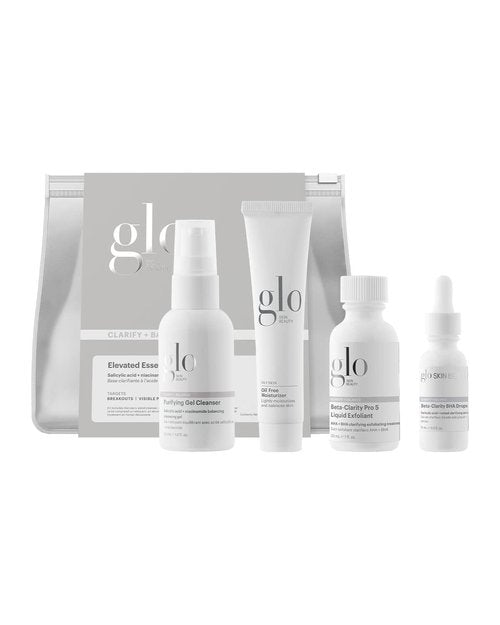 Glo Skin Beauty Clarify + Balance Skincare Set for Breakout Prone Skin - Mini Purifying Gel Cleanser, Mini Oil Free Moisturizer, Mini Beta-Clarity BHA Drops, Mini Beta-Clarity Pro 5 Liquid Exfoliant