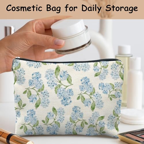 Blue Hydrangea Flower Makeup Bag for Women, Preppy Blue Floral Cosmetic Bags, Hydrangea Gifts for Women Zipper Makeup Pouch for Purse
