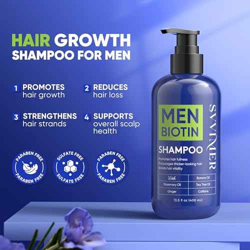 Svvimer Hair Growth Shampoo for Men - Biotin Thickening Shampoo with Rosemary Tea Tree Oil Caffeine for Hair Loss and Thinning - 13.5 Fl Oz (Pack of 1)