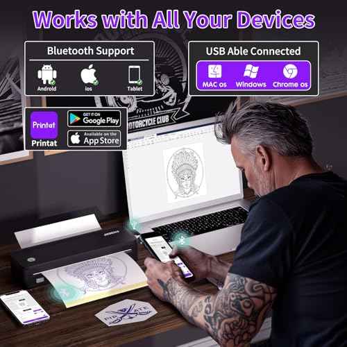 JADENS Tattoo Stencil Printer with 40pcs Transfer Paper, Bluetooth Thermal Tattoo Printer Machine with 2600mAh Battery, Compatible with Android & iOS, PC for Tattoo Artists & Beginners