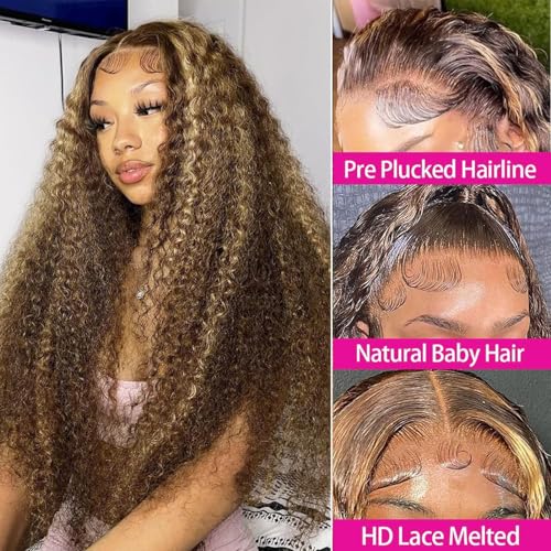 22 Inch Highlight Ombre Deep Wave Honey Blonde Lace Front Wigs Human Hair Pre Plucked 13X6 Transparent HD Lace Front Wigs Human Hair for Women 180% Density Curly Wig Blonde Wig