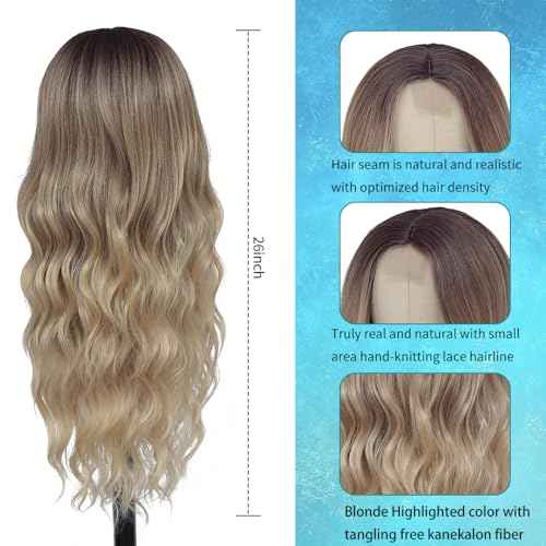 Long Ombre Blonde Wigs for Women 26 inch Long Wavy Middle Part Wig Ombre Blonde Wigs Upgraded Protein Fiber Hair Replacement Wig Cosplay Costume Halloween Wig(26'' Brown Ombre Blonde)