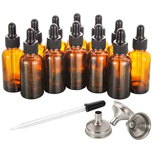 12 pcs, 1 oz Amber Dropper Bottles w/ 3 Stainless Steel Funnels & 1 Long Glass Dropper - 30ml Glass Bottles with Eye Droppers, Leakproof Essential Oils Bottle for Health, Personal Care & Beauty