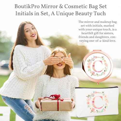Personalized Gift Initial Compact Mirror w Makeup Bag for Women Sister Daughter Mom Wife, Floral Monogram Alphabet Small Mirror Ideal Gift on Birthday, Christmas, Graduation (C + Bag, ROSE GOLD)