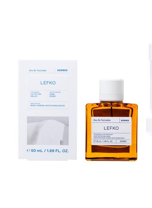 KORRES Lefko Eau de Toilette Spray, Lily of the Valley Top, Rose & Peony Heart, Musk Powder White Sandalwood Base, Floral Pudrid Moscusy Scent for Women & Men, Unisex Vegan Fragrance, 1.69 Fl Oz